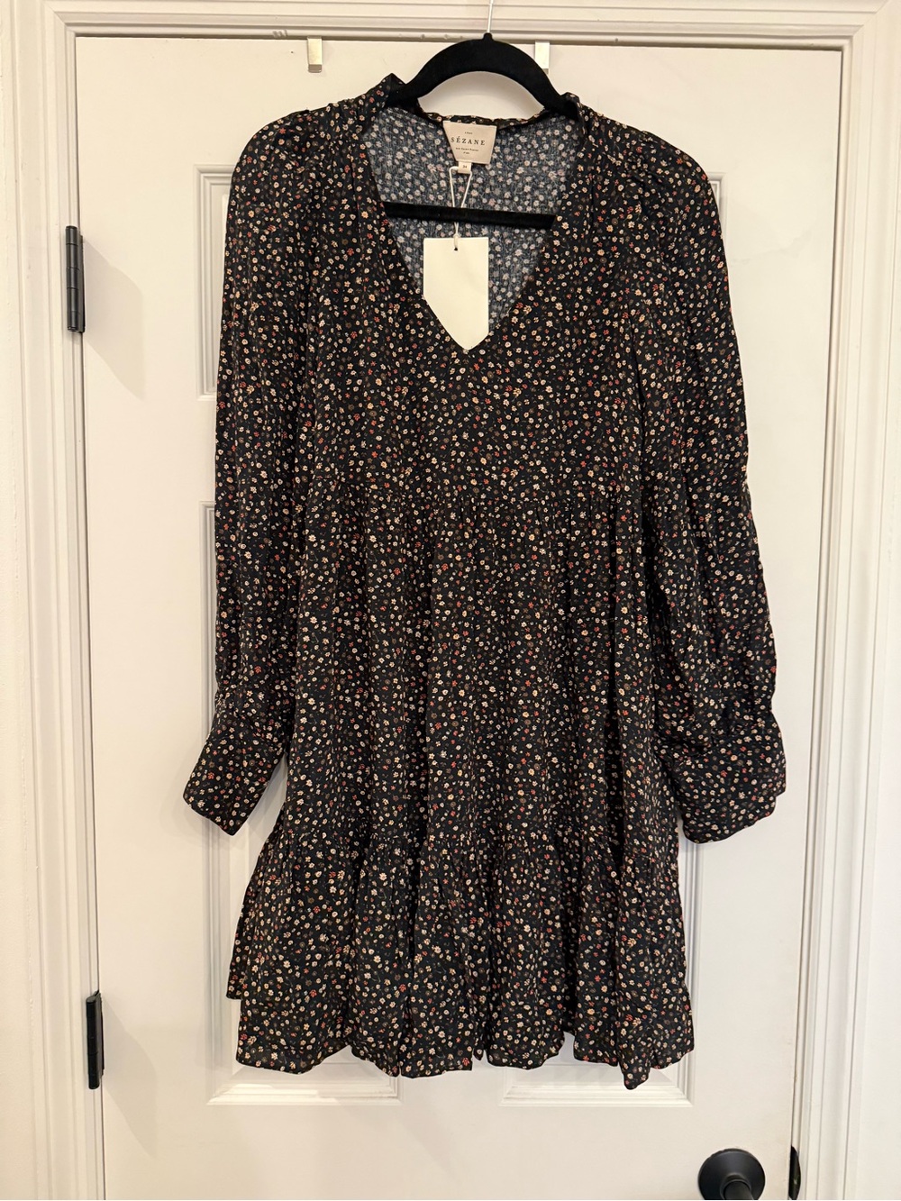 NWT Sezane Robe Aurena Mini Dress Black Ditsy Floral Long Sleeve Size 34 US 2